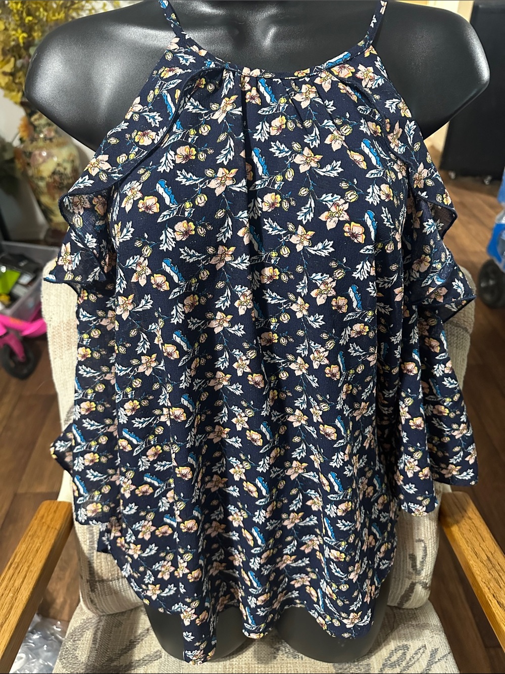 Navy Floral Halter Top with Ruffle Cold Shoulders